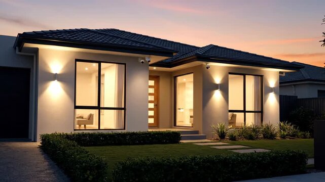 Modern house exterior at dusk with lights, lawn, and contemporary architecture.