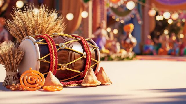 Vibrant illustration of a dhol drum, wheat, and sweets arranged for a warm vaisakhi festival.
