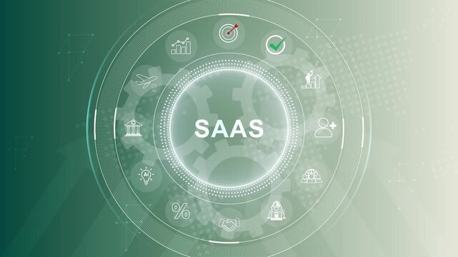 SaaS - software as a service. Internet and technology concept. 3d Motion graphics of technology icon interface background