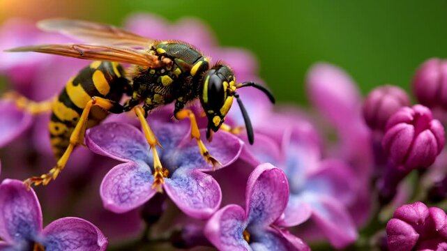 Close-up of a yellow wasp on purple flowers, nature, insect, springtime