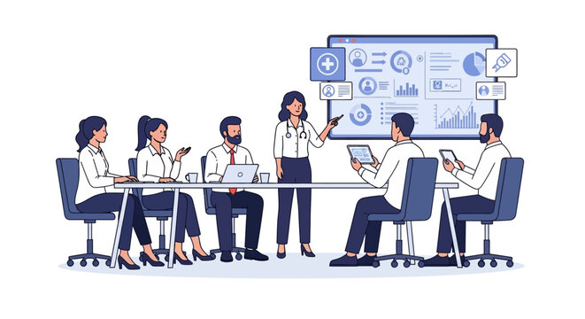 Team of professionals collaborating in a modern office meeting.