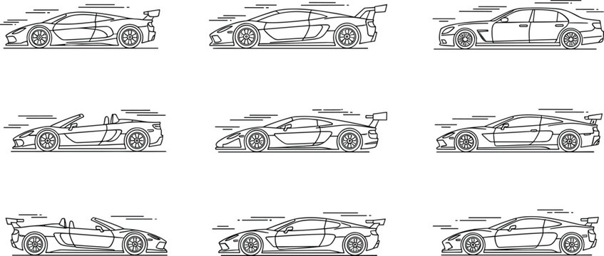 Sports car line icon set with supercar coupe convertible racing automobile luxury vehicle illustration collection