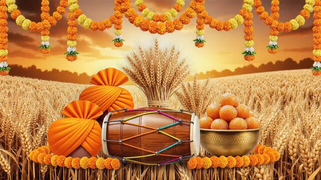 Festive vaisakhi baisakhi display with sikh turbans, dhol, laddoos, and wheat in a golden field.