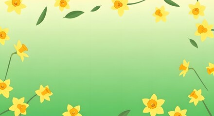 Obraz premium Fresh spring-themed background featuring delicate yellow daffodil flowers and green leaves arranged around the edges of a soft green gradient backdrop