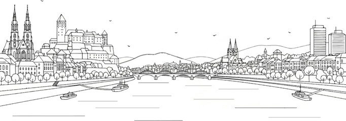 Fototapeta premium Panoramic line art of a cityscape with a river, bridges, and historic buildings