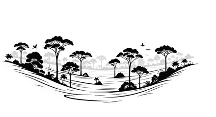 Obraz premium Panoramic view of a lush, tropical forest with diverse trees and flying birds