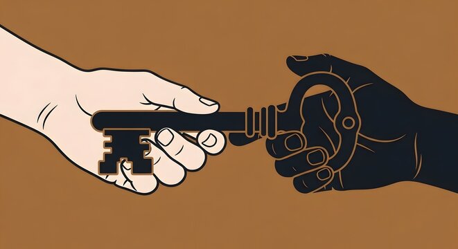 Conceptual illustration of a hand transferring a key to another hand, symbolizing trust, access, and ownership transfer