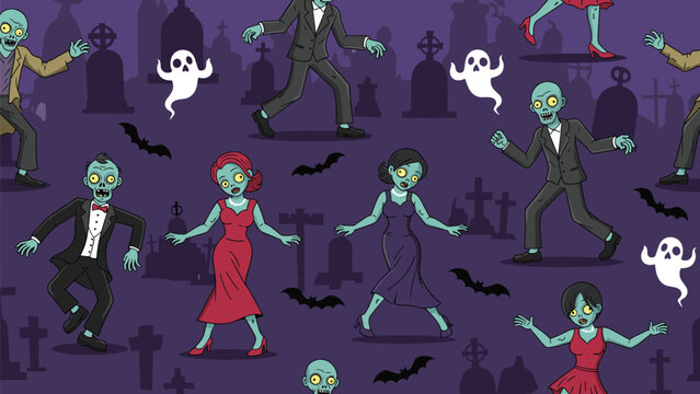 Fun seamless pattern of cartoon zombies dancing in cemetery at night with ghosts and bats for halloween theme.