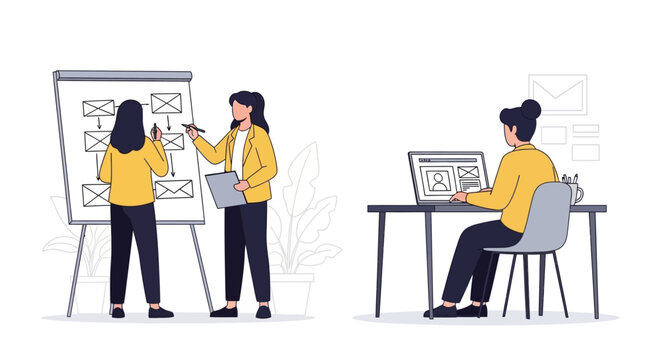 Team collaborating on a project with a whiteboard and laptop.