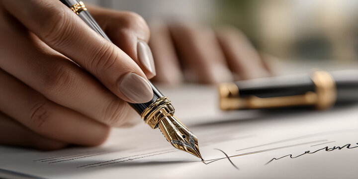 Hand signs book. Detailed scene of hand signing book with fountain pen under studio lighting