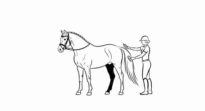 Person brushes a horse, a braid visible on its mane