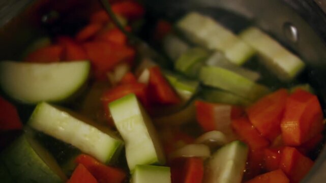 The chef stirs vegetables boiling in beef broth with a spoon