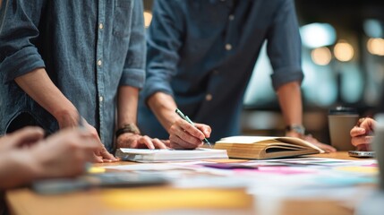 Fototapeta premium Teamwork, meeting and manager for training in office, coworking and process for creative collaboration. Business people, leader and editing book project in publishing, support and novel planning