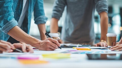 Obraz premium Teamwork, meeting and manager for training in office, coworking and process for creative collaboration. Business people, leader and editing book project in publishing, support and novel planning