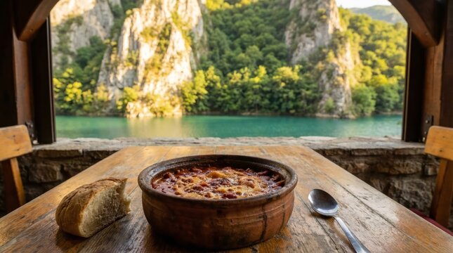 Traditional Macedonian Tava Gravče bean dish in a clay pot served outdoors with a view of the Matka Canyon.