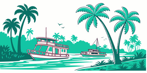 A boat is sailing on a river with palm trees Vector © MST RABEYA BEGUM