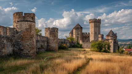 Fototapeta premium Ancient Stone Castle Fortress Ruins With Towers And Battlements On A Grassy Hill Under A Blue Sky With Fluffy Clouds In The Daytime