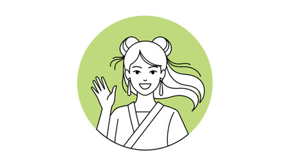 Obraz premium Cute girl with hair in double buns waving her hand and smiling warmly within a vibrant green circle frame in portrait style.