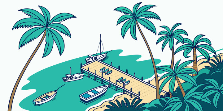 A beach with palm trees and boats in the water Vector