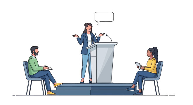 Woman speaking at podium with two people listening.