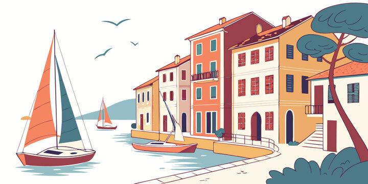 A colorful sailboat sailing by a waterfront town Vector