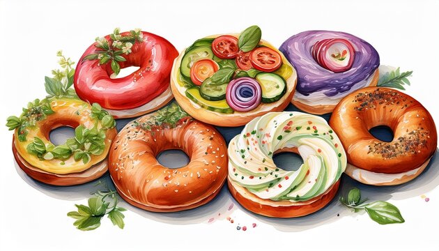 assorted watercolor bagels with various toppings