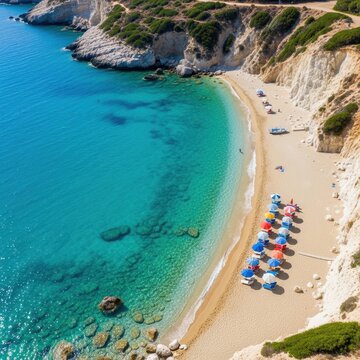 Stunning aerial view of Matala beach in Crete, Greece.