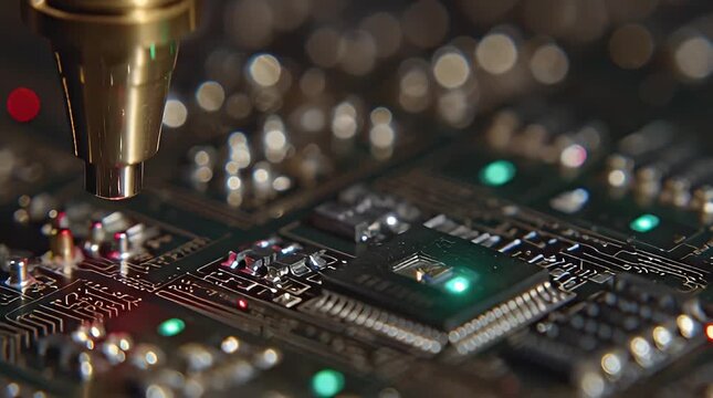 Robot arm soldering microchip components.