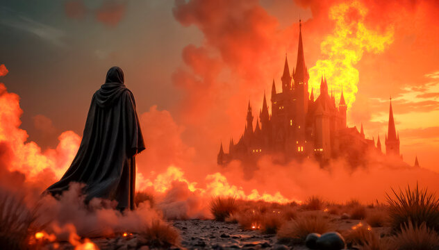 A wizard in a black robe looks at a burning castle, flames and smoke floating in the fire