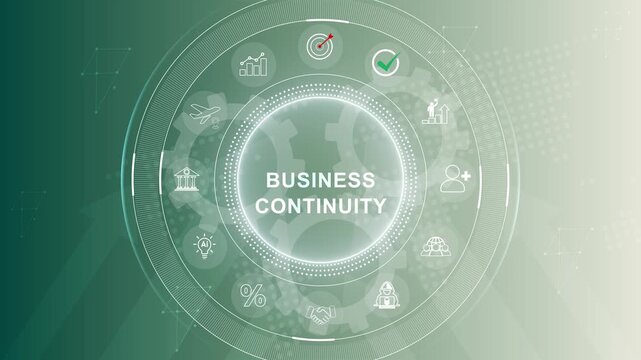Animated global business continuity concept displaying data and relevant icons. business technology . 3d Motion graphics of technology icon interface background