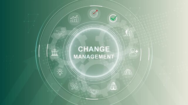 Change Management and Business Transformation Concept Animation Highlighting Adaptation, Strategy and Corporate Evolution Icon. 3d Motion graphics of technology icon interface background