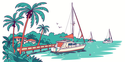 A sailboat anchored near a tropical island with palm trees Vector © MST RABEYA BEGUM
