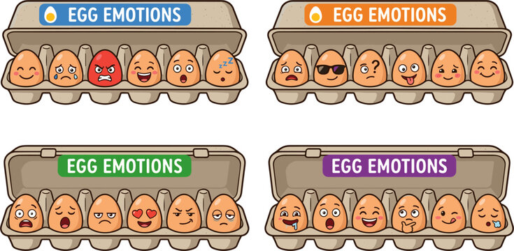 Four Cartons of Eggs Displaying Diverse Emotions and Facial Expressions