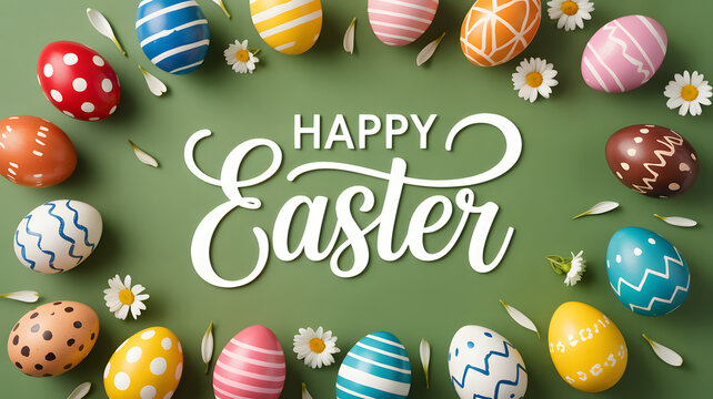 Easter Eggs Surrounding Happy Easter Text on Green Background
