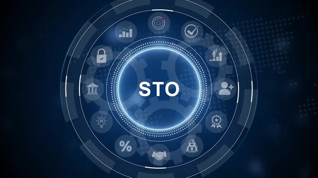 Security token offering concept representing regulated blockchain-based digital securities. 3d Motion graphics of technology icon interface background