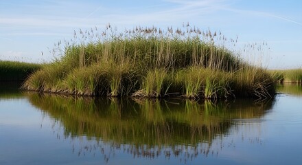 Fototapeta premium Flock of birds flying over lush wetland marsh with tall reeds and calm water vector illustration