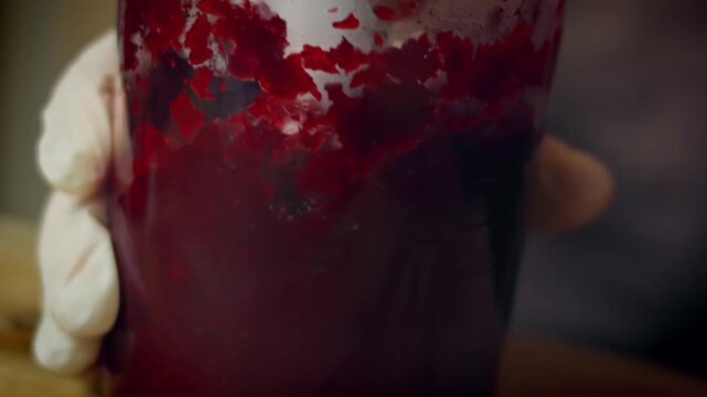 Close up of hands blending roasted beet chunks into a smooth puree