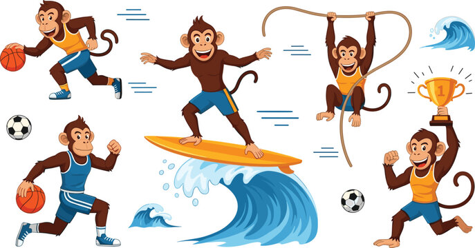 Cute Cartoon Monkey Playing Sports Set with Basketball, Soccer, Surfing, Jump Rope and Winner Trophy Funny Animal Vector Illustration