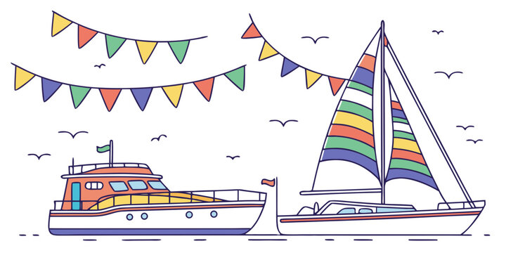 A colorful sailboat and a ferry with a string of flags Vector