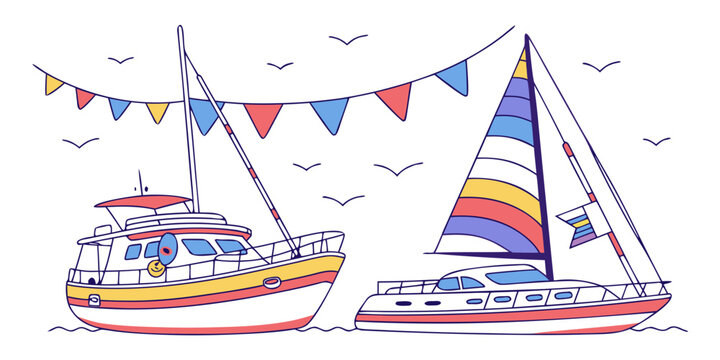 A colorful illustration of two boats with a string of flags Vector