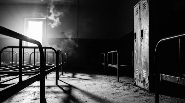 Desolate abandoned room with empty metal beds and locker