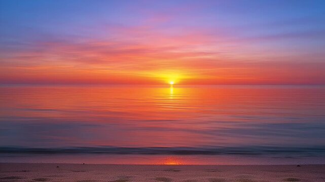 Vibrant sunset paints the sky and sea with red, orange, purple hues over a beach