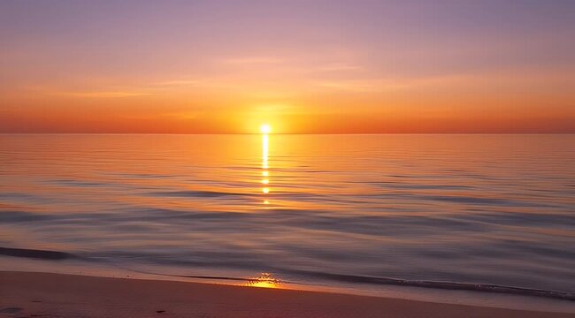 Vibrant sunset over calm waters, with golden sunbeam reflecting on gentle waves and sandy beach