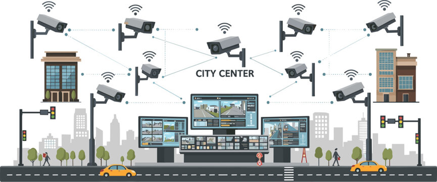 Smart City Surveillance System with Network Security Cameras Monitoring Urban Traffic and Buildings CCTV Control Center Vector Illustration