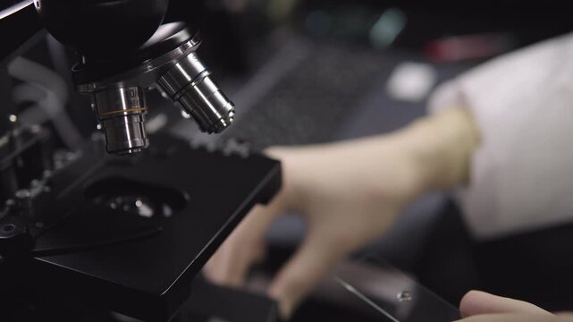 Laboratory technician precisely setting microscope slides