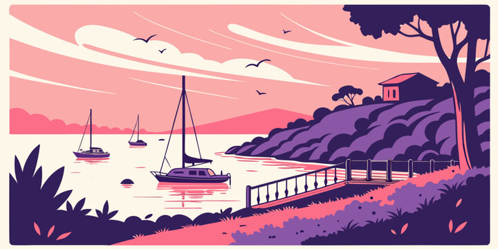 A serene lake scene with sailboats and a walking path Vector