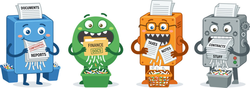 Four Cute Paper Shredding Monsters in Blue Green Orange Gray Colors Eating Documents