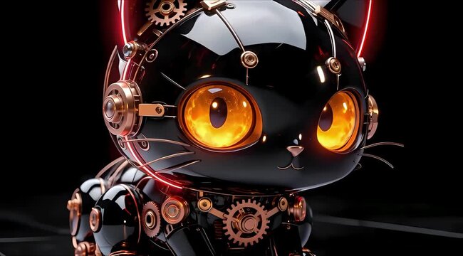 AI Stealth Technology Concept: Mechanical Obsidian Cat with Glowing Amber Eyes and Rose Gold Gears, 3D Professional Sculpture, Isolated on Black, 4K VFX Asset