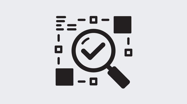 A black and white icon of a magnifying glass with a checkmark inside, surrounded by various geometric shapes.