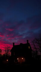A solitary, wicked silhouette of a haunted house against a bruised twilight sky,  october,  low angle